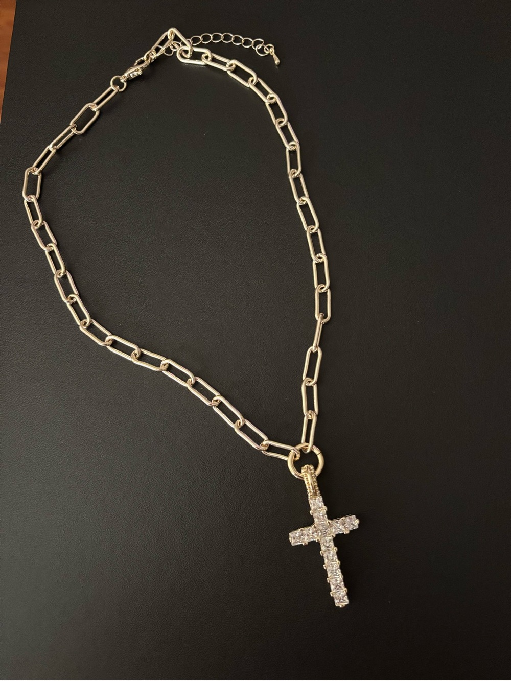 Gold Plated Paperclip Chain Necklace with Pave Cross Pendant